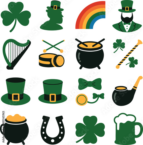 St Patrick's Day Symbols Collection Flat Icons on White Background (76