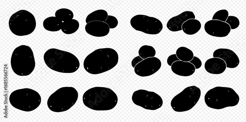 A collection of black potato silhouettes, depicting various shapes and groupings, isolated on a transparent background.