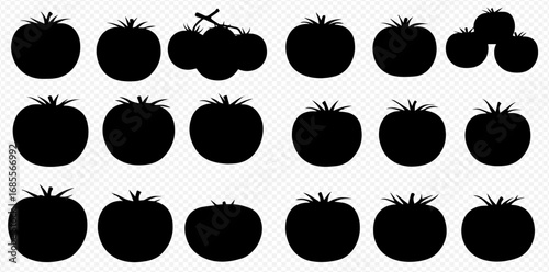 A collection of black tomato silhouettes showcasing various sizes and forms, including single fruits and a cluster on a vine, set against a transparent background.