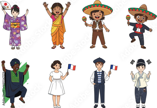 Happy children wearing traditional clothes from around the world, celebrating diversity, culture, heritage, unity, ethnic pride, and global traditions