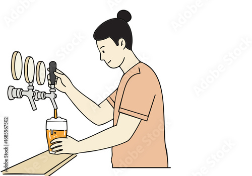 A bartender pours craft beer into a glass. Clean lines, bright colors, and a focus on the pouring action create a visually appealing and commercially viable image.