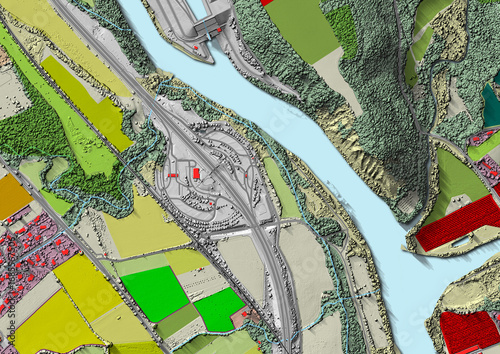Concept de fond géographique - Données lidar HD - Vue aérienne de la topographie et occupation du sol d'un territoire - Rendu 2d modèle numérique de terrain et nuage de points Lidar HD