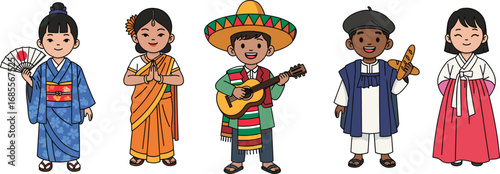 Happy children in international traditional clothing, celebrating global culture, diversity, heritage, multicultural unity, cartoon characters, ethnic costumes illustration