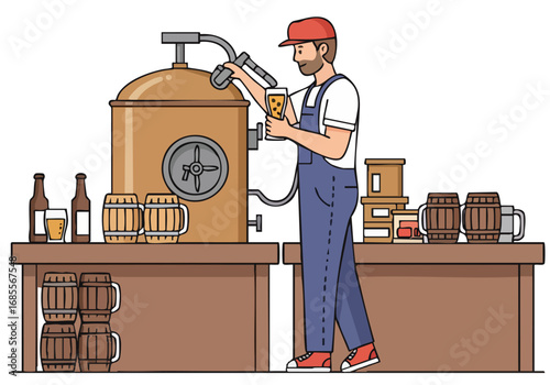 A bearded man proudly showcases his homebrew art skill, pouring beer from a large tank into a glass. A clean, modern brewery setting highlights his craft.