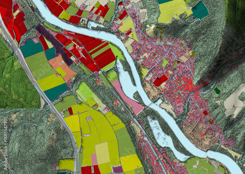 Concept de fond géographique - Données lidar HD - Vue aérienne de la topographie et occupation du sol d'un territoire - Rendu 2d modèle numérique de terrain et nuage de points Lidar HD