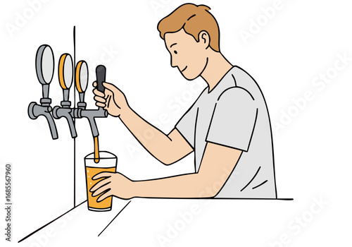 A young man enjoys a craft beer, pouring it into a glass. Clean lines, modern illustration style. Focus on the action and refreshing beverage.