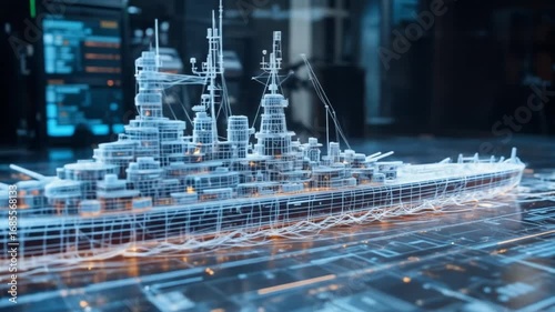 Wireframe warship model with luminous water effects on a digital platform, representing military technology and naval simulation footage. 4k video