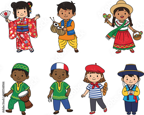 Happy children in traditional costumes, cultural diversity concept, international outfits, ethnic dress celebration, global unity, cartoon multicultural kids illustration