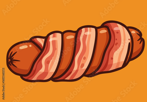 A playful illustration of a hot dog wrapped in bacon. Festive and appetizing, perfect for food-related marketing and design. Bold colors and simple style.