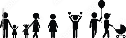 Vector illustration of family stick figures with parents, children, baby stroller, heart symbols, balloon, childhood happiness, parenting concept, love, togetherness, social connection