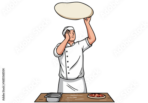 professional baker skillfully spins pizza dough showcasing a classic dough craft technique Clear composition focused on the action and texture Ideal for food and culinary themes