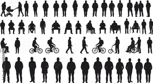 Silhouette vector illustration of people standing, walking, sitting, cycling, wheelchair, stroller, everyday lifestyle, urban activities, casual human figures, outdoor leisure, social interaction, 