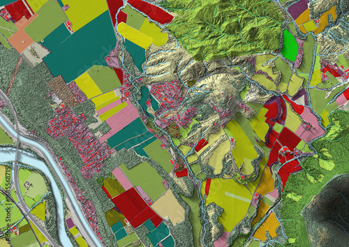 Concept de fond géographique - Données lidar HD - Vue aérienne de la topographie et occupation du sol d'un territoire - Rendu 2d modèle numérique de terrain et nuage de points Lidar HD