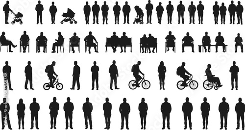 Silhouette vector illustration of people standing, walking, sitting, cycling, wheelchair, stroller, casual lifestyle, urban activities, outdoor leisure, everyday human figures, teamwork, society
