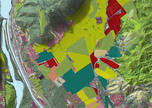 Concept de fond géographique - Données lidar HD - Vue aérienne de la topographie et occupation du sol d'un territoire - Rendu 2d modèle numérique de terrain et nuage de points Lidar HD