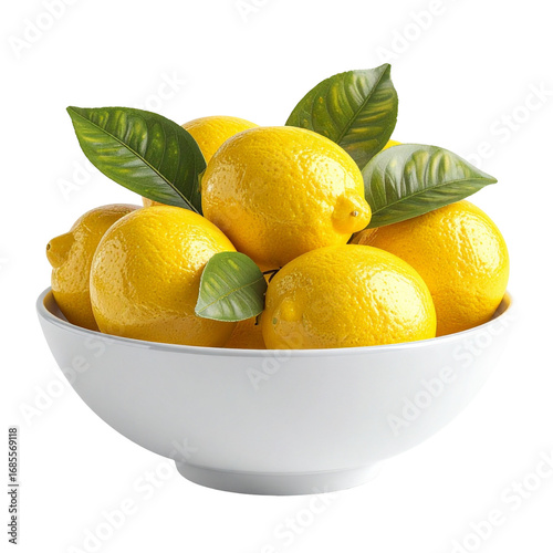 Fresh Lemons with Green Leaves in a White Bowl on Black Background