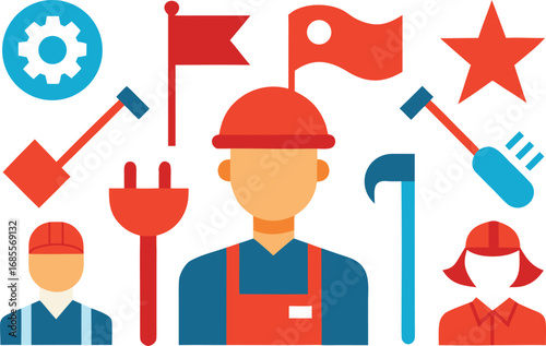 Labor day worker icons collection tools flags and star vector graphics for eps