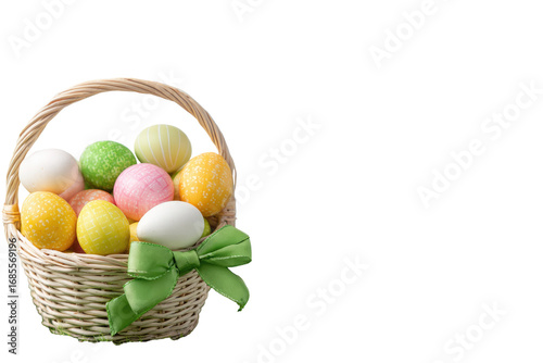 Light wicker Easter basket filled with colorful eggs