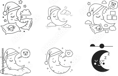 Sleeping moon cartoon icons, cute dream illustrations, kawaii bedtime clipart, night sky elements, peaceful moon with pillow, cloud, stars