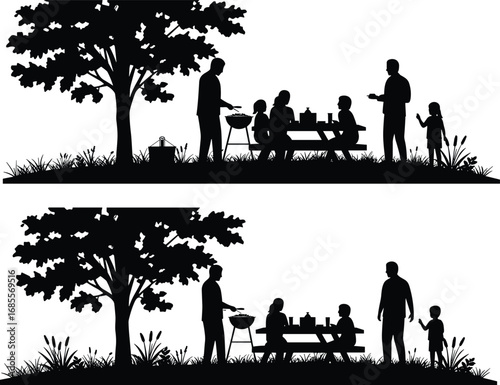 Silhouette family picnic with barbecue under tree, outdoor gathering illustration showing parents children eating, relaxing, enjoying food, bonding, togetherness, leisure activity, happiness