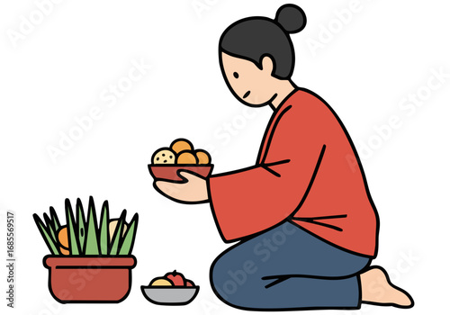 serene woman performs a traditional food spirit offering presenting fruits and vegetables to a potted plant Soft colors and a simple composition create a calming culturally rich image