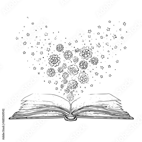 Open book with gears and stars illustration for education knowledge learning and imagination concept design