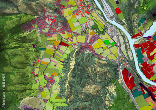 Concept de fond géographique - Données lidar HD - Vue aérienne de la topographie et occupation du sol d'un territoire - Rendu 2d modèle numérique de terrain et nuage de points Lidar HD