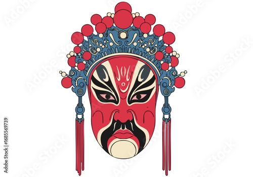 striking opera ghost art illustration featuring a traditional Chinese mask with elaborate headdress Bold colors and graphic style create a visually arresting design