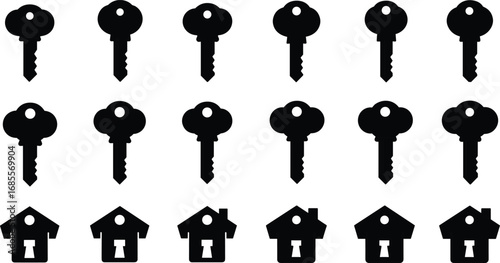 Collection of key and house lock icons, black silhouette vector set, security and safety symbols for home protection, access, privacy, real estate design