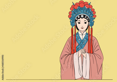 stylized  Chinese opera ghost in elaborate headdress and traditional robes Bold graphic style with a focus on cultural heritage and dramatic presentation Suitable for diverse commercial applications