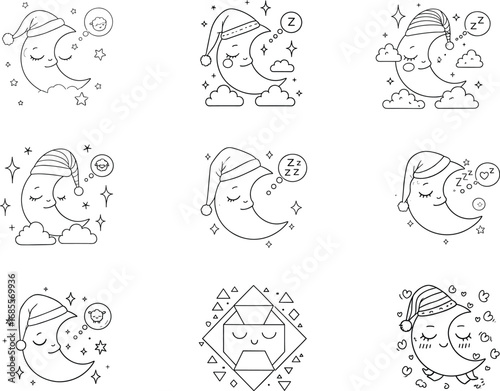 Cute sleeping moon icons, kawaii bedtime illustrations, night sky dreams, sleepy cartoon characters, sweet dreams symbols, peaceful night design elements