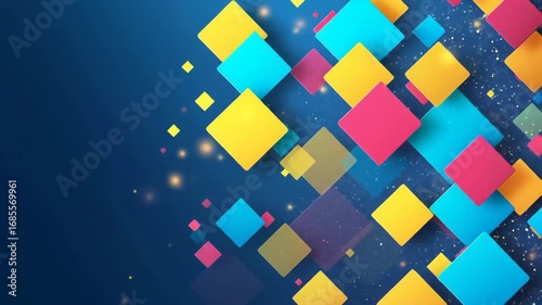 Abstract blue background with floating colorful geometric shapes