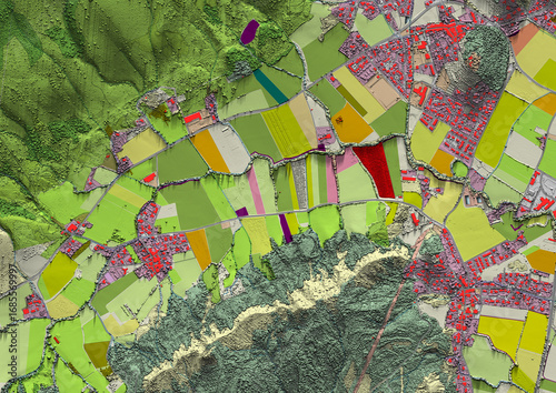 Concept de fond géographique - Données lidar HD - Vue aérienne de la topographie et occupation du sol d'un territoire - Rendu 2d modèle numérique de terrain et nuage de points Lidar HD