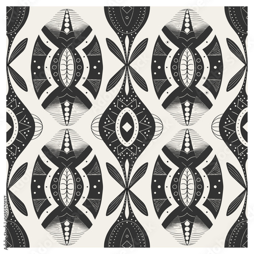 Tribal Fish" is an eye-catching, bold design featuring stylized fish with intricate geometric and tribal-inspired details. The black-and-white color scheme enhances the striking contrast and gives.