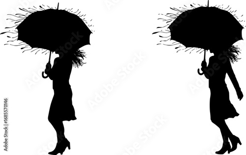 Silhouette of a woman walking with an umbrella in strong wind trying to hold on to the umbrella well | editable eps vectors
