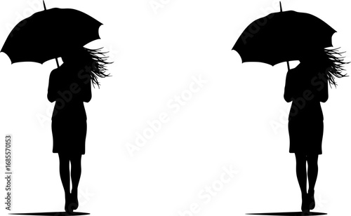 Silhouette of a woman walking with an umbrella in strong wind trying to hold on to the umbrella well | editable eps vectors
