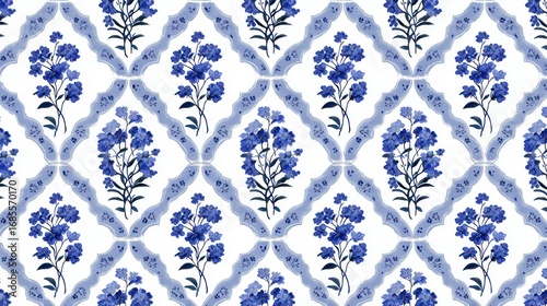 Traditional indian block print floral pattern with blue flowers on a white background and diamond shapes