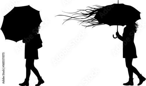 Silhouette of a woman walking with an umbrella in strong wind trying to hold on to the umbrella well | editable eps vectors
