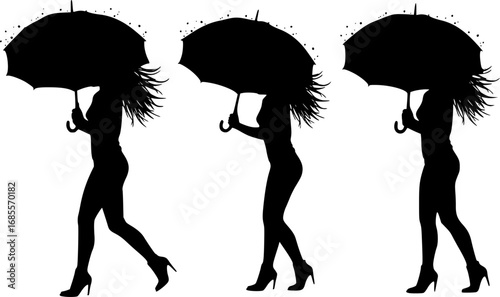 Silhouette of a woman walking with an umbrella in strong wind trying to hold on to the umbrella well | editable eps vectors
