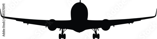 A powerful silhouette of a large passenger airplane in mid-flight, viewed from the front.
