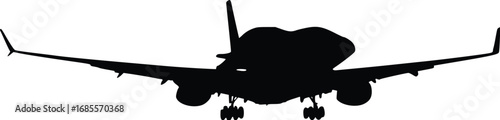 A powerful silhouette of a large passenger airplane in mid-flight, viewed from the front.