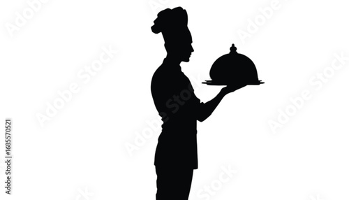 
A simple and elegant silhouette of a chef holding a serving platter with a cloche.