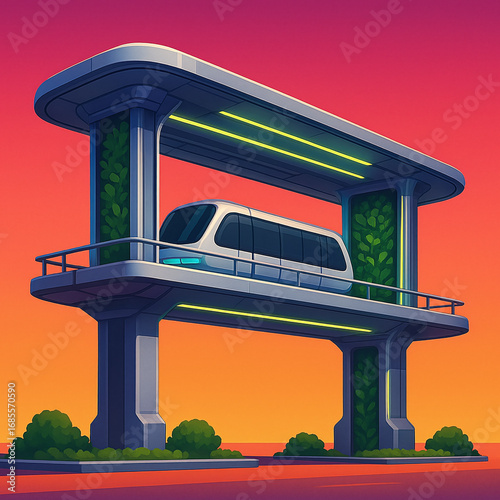 Futuristic monorail station with lush greenery and advanced transportation system against a vibrant sunset sky