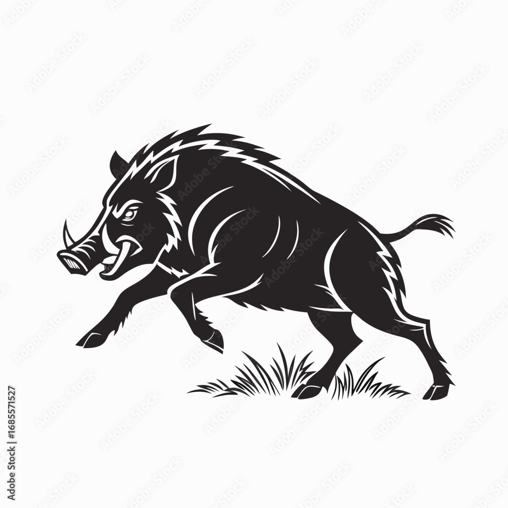 Fototapeta premium Dynamic black silhouette of a powerful wild boar charging, embodying untamed strength and fierce wilderness