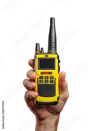 Hand holding a bright yellow portable radio.  A black antenna extends from the top.  A small, rectangular display screen shows a blank interface.  The hand is holding the radio firmly