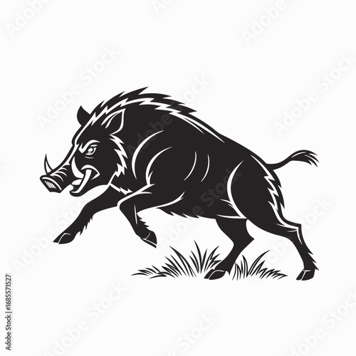Dynamic black silhouette of a powerful wild boar charging, embodying untamed strength and fierce wilderness