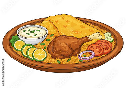 A vibrant illustration showcases a Kabsa dish with chicken, rice, and accompaniments on a plate. Perfect for food blogs, menus, and culinary marketing. Detailed and appealing.