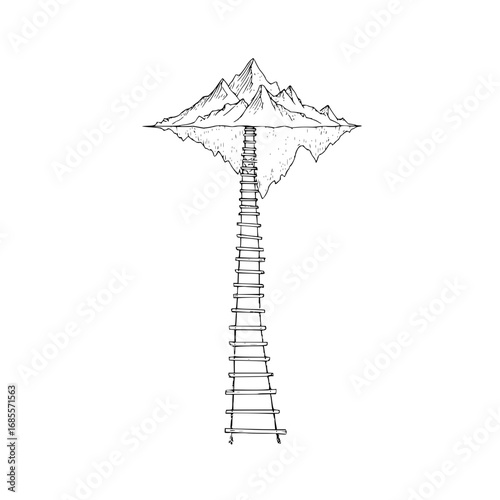 Mountain peak journey a climb to success concept illustration with ladder and mountain range drawing design