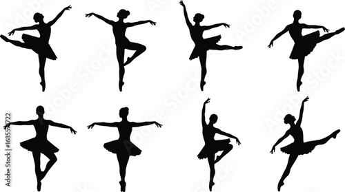 Elegant ballerina silhouettes in various dance poses, classical ballet dancers performing graceful movements, vector illustration design for performance, art, decoration, and creative artwork 