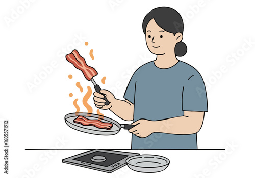 A woman happily cooks bacon on a stove, enjoying a simple breakfast. Clean lines, bright colors, and a cheerful expression create a positive and appetizing scene.  20cm Slow.